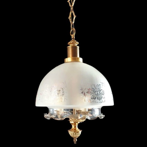 Vintage 1970 3-light ceiling lamps like new with frosted glass and brass details