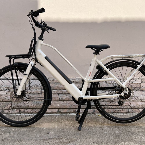 Electric City Bike white ebike used with battery and LED lights