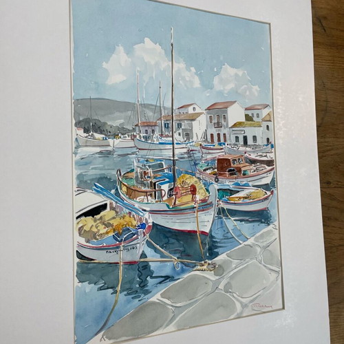 Watercolor by Giorgos Papadoperakis featuring Fishing Boats in passepartout