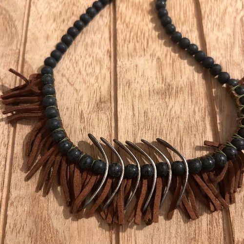 Necklace with Black Pearls and Ethnic Metal Elements like new