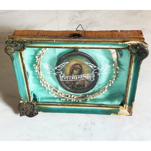 Antique Russian Orthodox Virgin Mary icon in handmade wedding frame, 1890s