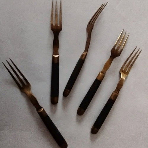 Forks used, set of 5, brass and black wood
