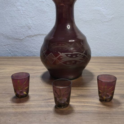 Vintage liqueur set in dark Bordeaux glass with 3 glasses like new