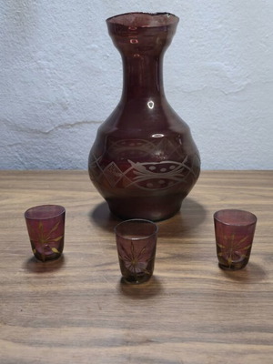 Vintage liqueur set in dark Bordeaux glass with 3 glasses like new