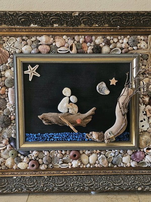 Vintage sea-themed handmade painting with Greek shells, 86x66 cm