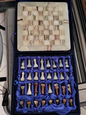 Marble chess set with velvet case, unused