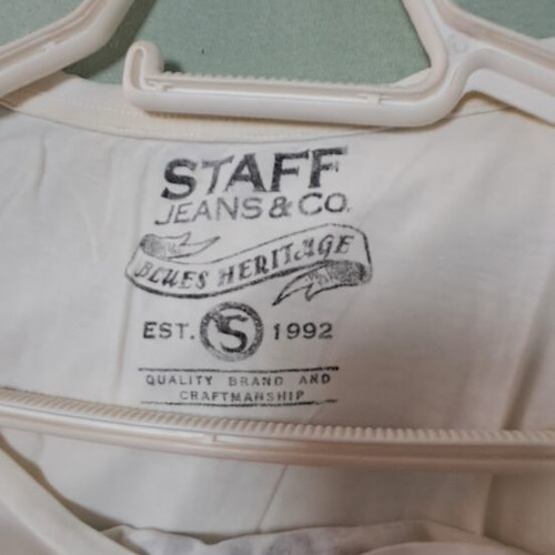 Staff women's white T-shirt size S, short front, longer back