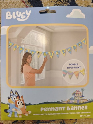 Bluey Birthday Banner like new, triangular flags, 15ft