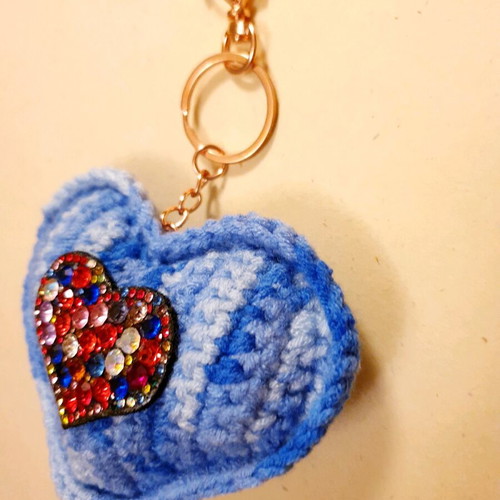 Heart-shaped blue ombre charm keychain with colorful rhinestones handmade new