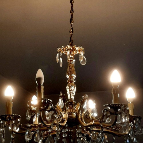 Chandelier, brass with crystals