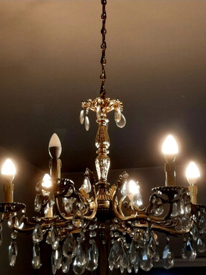 Chandelier, brass with crystals
