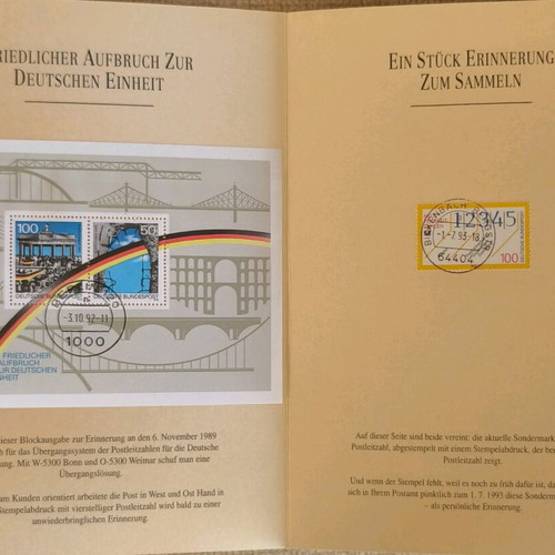 German commemorative two-leaf card new, Deutsche Bundespost reunion stamps