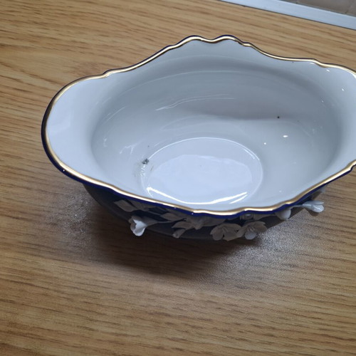 Vintage porcelain bowl cobalt blue with embossed flowers and gold rim 20cm