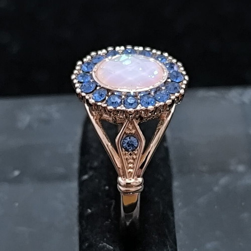 Rose Gold women's ring with white opal and blue crystals, stainless steel