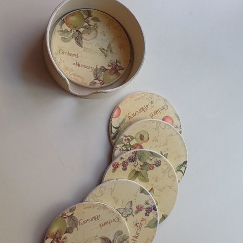 Trimar Orchard Nursery coaster set of 6 like new with storage base