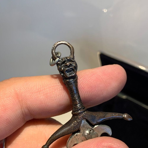 Alchemy Gothic Sword Pendant used, 1993, pewter and crystals
