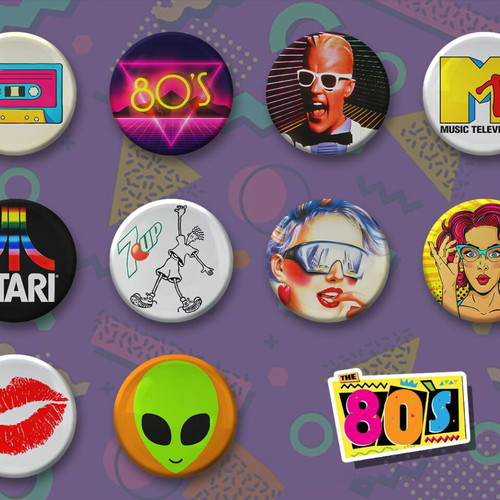 Retro 80's pins new, pack of 10 pieces 2.5cm