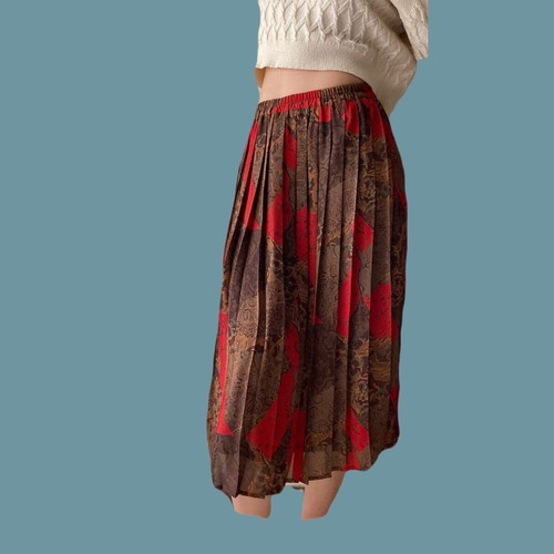 Vintage midi pleated skirt in burgundy and brown