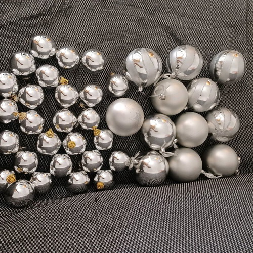 Silver Christmas ornaments like new, set with balls, bells and apples