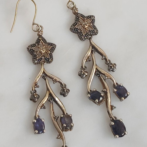 925 Silver and 9k Gold Earrings with Tanzanite and Old-Cut Diamonds, 7 cm