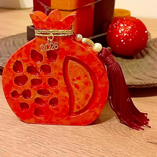 Handmade ceramic pomegranate charm 2026 tabletop red with gold details