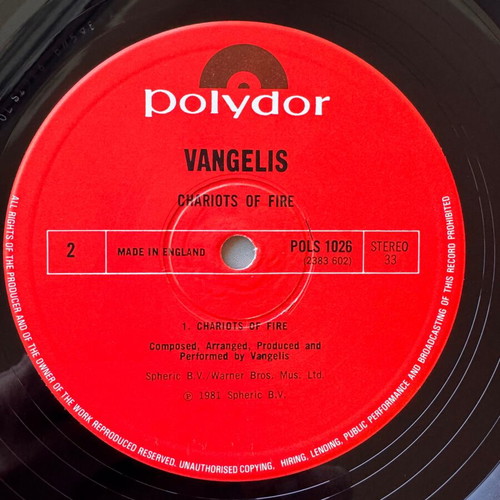 Vangelis Chariots Of Fire LP used, pop soundtrack 1981 UK