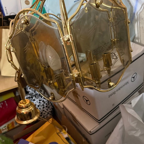 Vintage ceiling pendant light with brass and hand-cut glass panels
