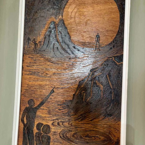 Vintage pyrography wall art with surreal landscape and artist signature, 62x47