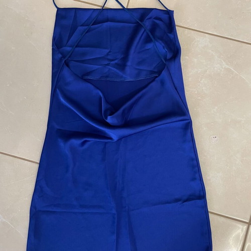 Women's satin short summer dress blue backless like new, size S