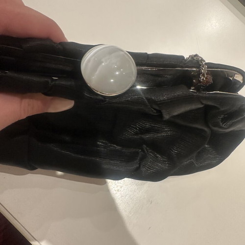 Clutch satin with white pearl and removable silver shoulder chain like new