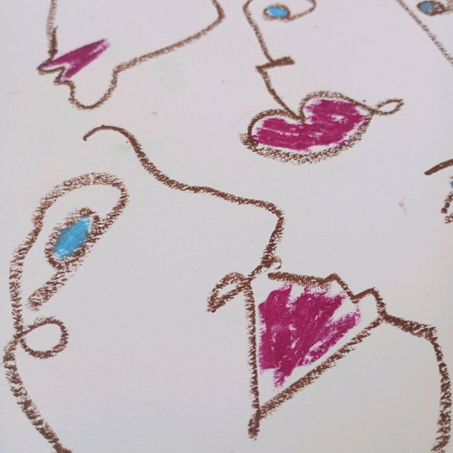 One line faces oil pastel on A4 watercolor paper like new