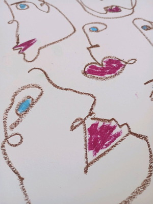 One line faces oil pastel on A4 watercolor paper like new
