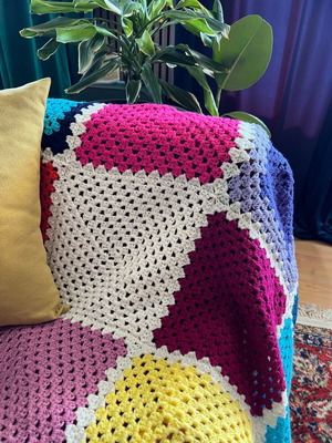 Handmade knitted patchwork blanket throw multicolor new