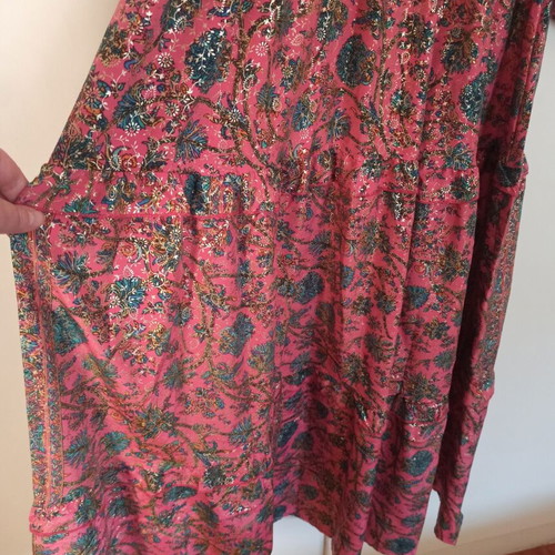 Pink coral dress with multicolor paisley and gold print, Large
