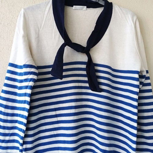 Women's striped long-sleeve pullover sweater, white and blue