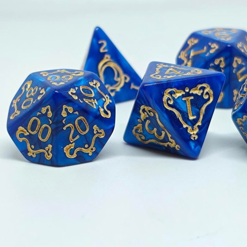 RPG Blue Dragon Pearl Dice Set like new with gold details