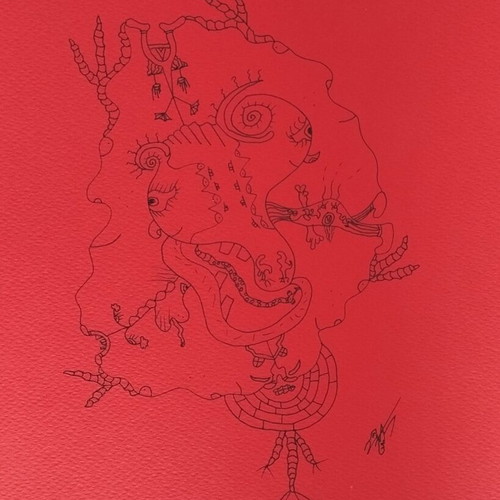 Handmade artwork "Is Beauty Dark?" with black ink on red cardboard