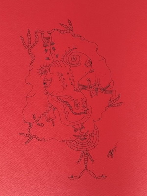 Handmade artwork "Is Beauty Dark?" with black ink on red cardboard