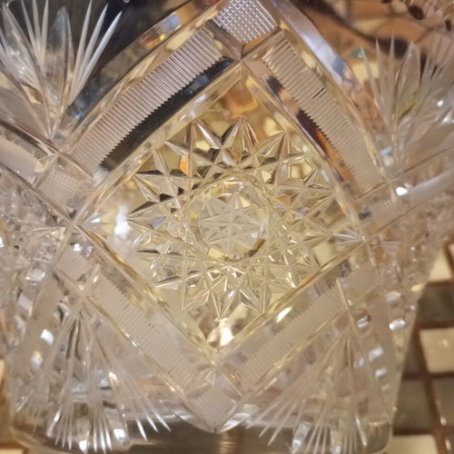Bohemian crystal vase, engraved, heavy, 25 cm diameter