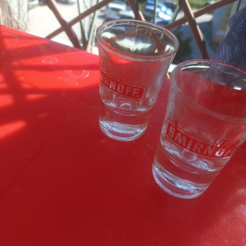 Smirnoff shot glass set 2 pieces 90's like new with ouzo bottle gift