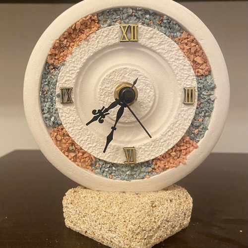 Decorative handmade clock like new, analog tabletop, stone material