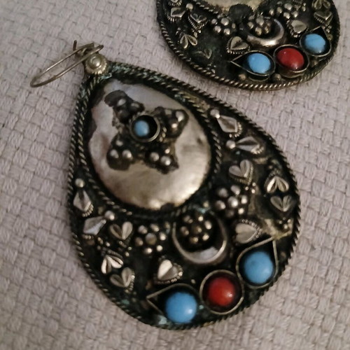 Boho large dangling earrings like new, multicolored and silver