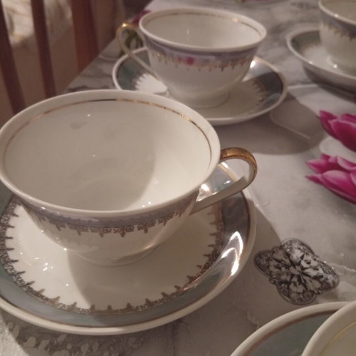 Porcelain vintage luxury tea set, 8 pieces, white and light blue