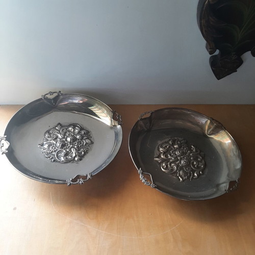 Large Silver Plated Fondue Trays carved, used, 1960s set of 2