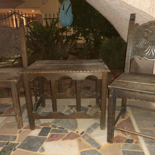 Vintage wooden table and 2 chairs with carved double-headed eagle