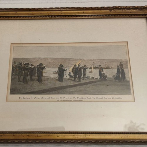 Colored lithograph of Prince Georg's landing in Crete like new, frame 27×36 cm
