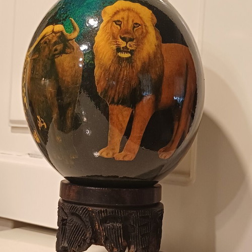 Hand-painted Ostrich Egg with Wooden Base, African Safari