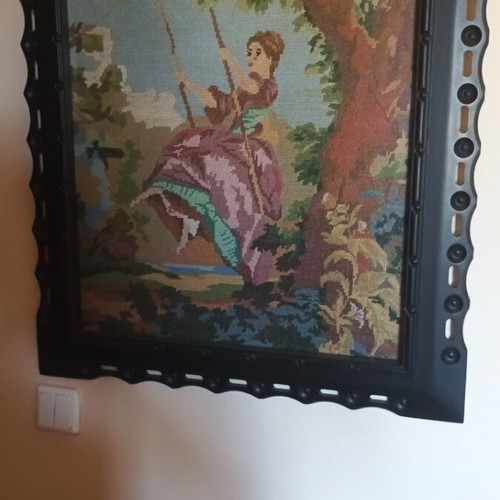 Vintage Handmade Embroidered Gobelin Frames Set of 2, Deer in Forest