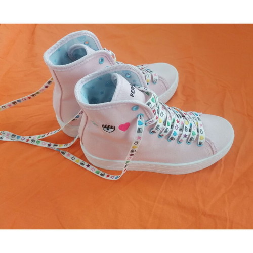 Chiara Ferragni pink canvas platform boots with decorative embroidery