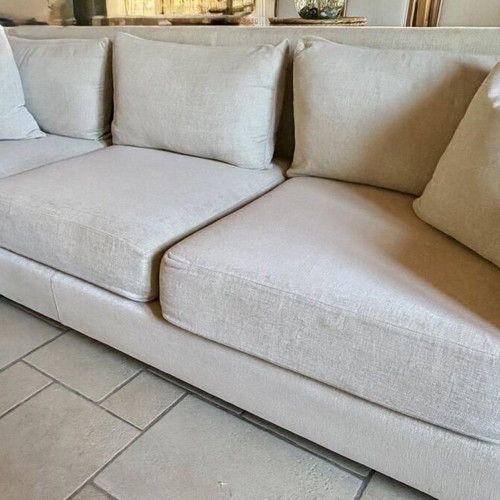 COCO-MAT luxury sofa and ottoman, beige chenille upholstery